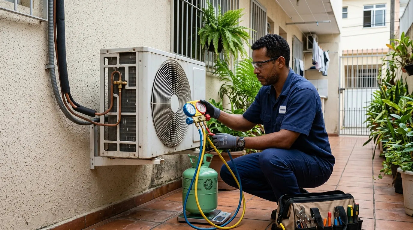 Técnico realizando carga de gás refrigerante em ar condicionado em Belém em em Batista Campos, Belém-PA