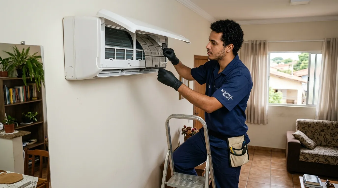 Técnico realizando limpeza de filtros de ar condicionado em Belém em em Batista Campos, Belém-PA