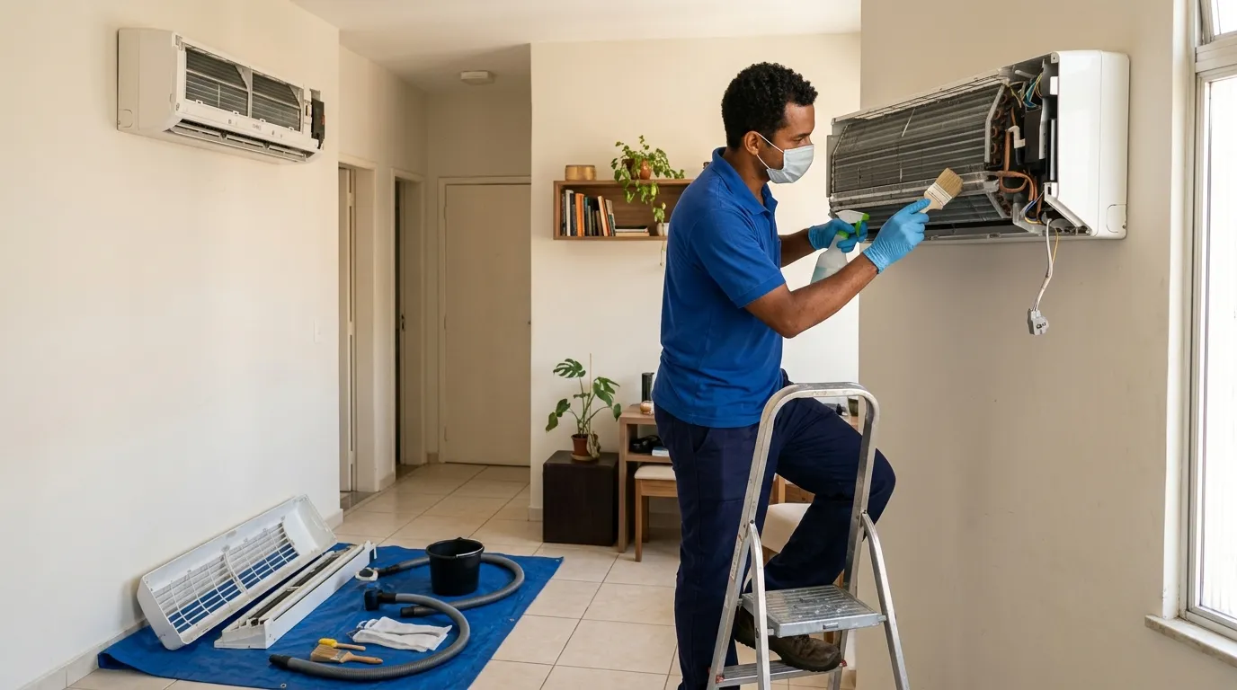 Técnico realizando manutenção preventiva em ar condicionado em Belém em em Batista Campos, Belém-PA